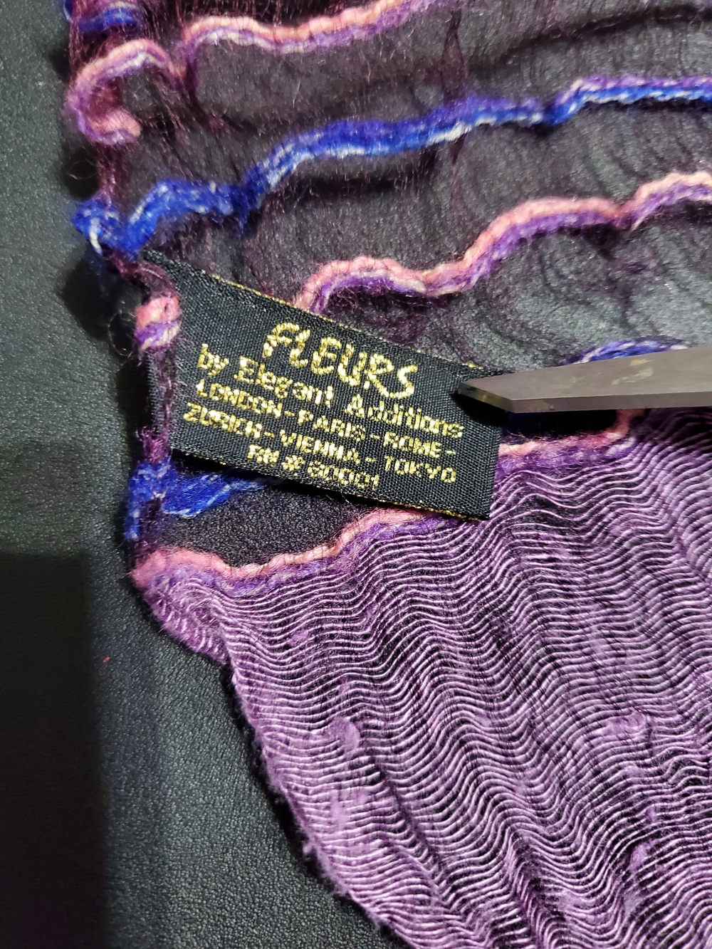 Fleurs by Elisabeth Audibert Paris Silk Scarf Boho Textured Fringe Purple Blue - Picture 2 of 9